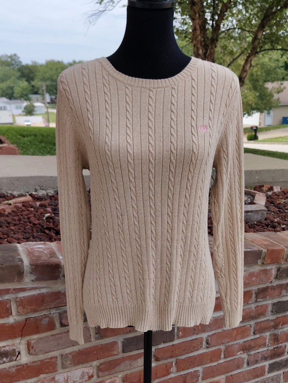 Izod 100% Cotton Cable Knit Crewneck Pullover Sweater Size M Preppy Neutral